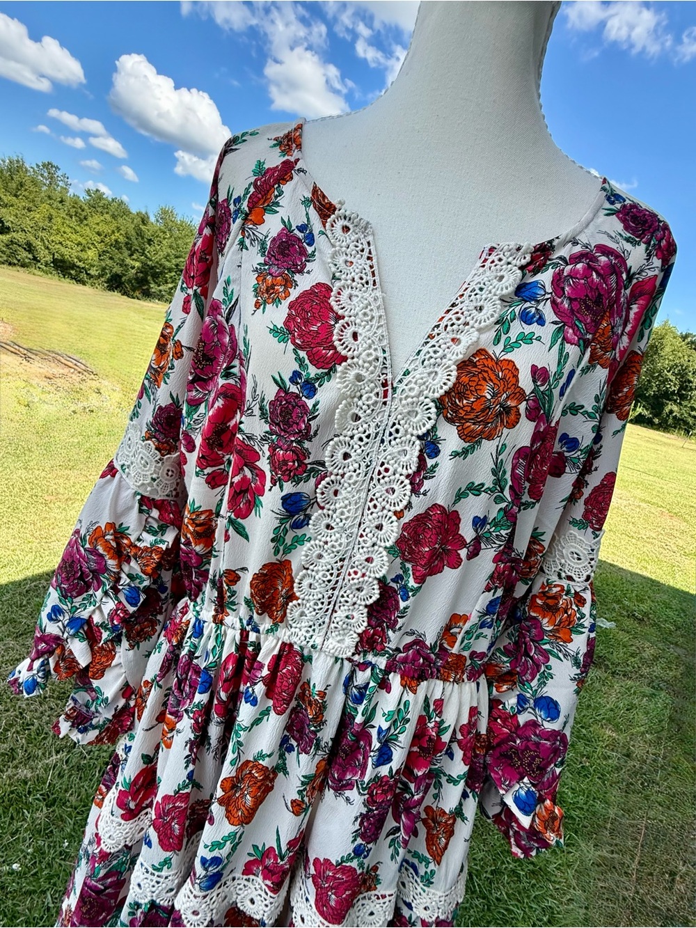 Rock & Roll Cowgirl White Mini Dress with Pink, Orange & Blue Floral Print